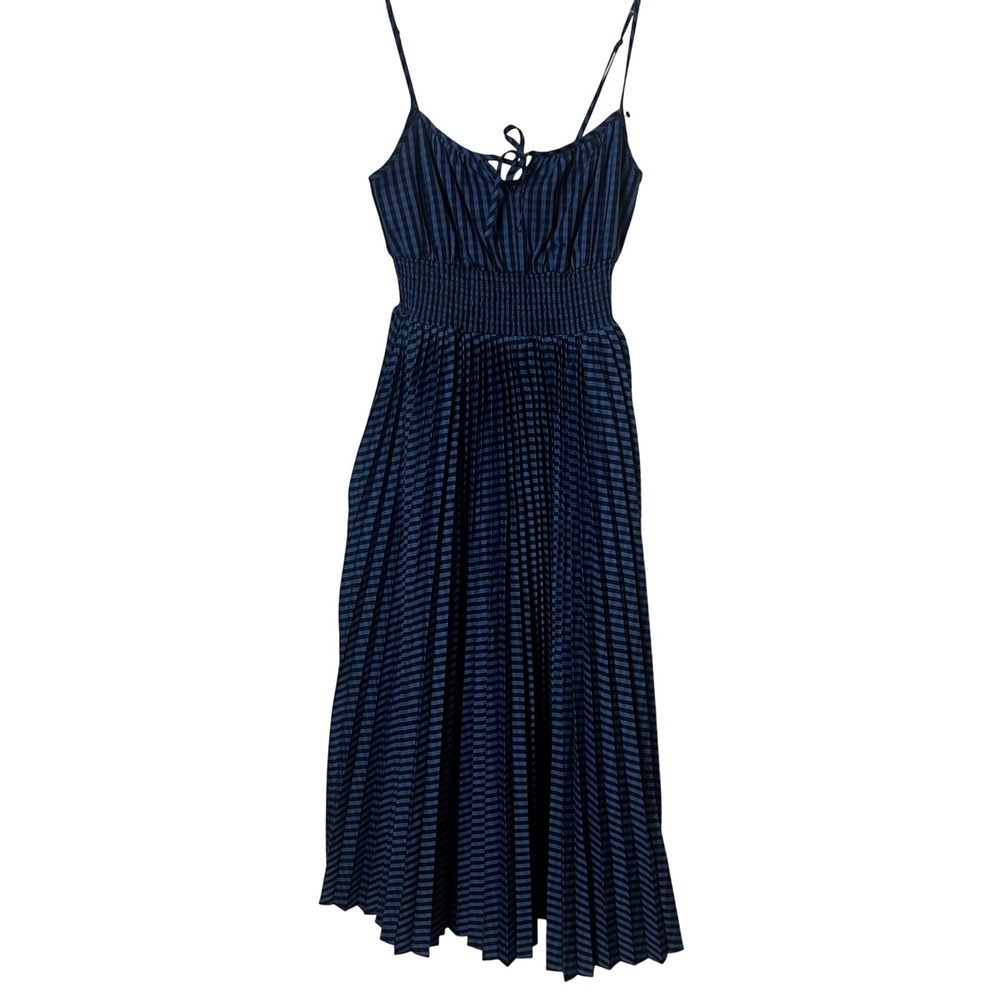 J.Crew Gingham Pleated Midi Dress Navy Blue Smocked Waist Pockets Size 00